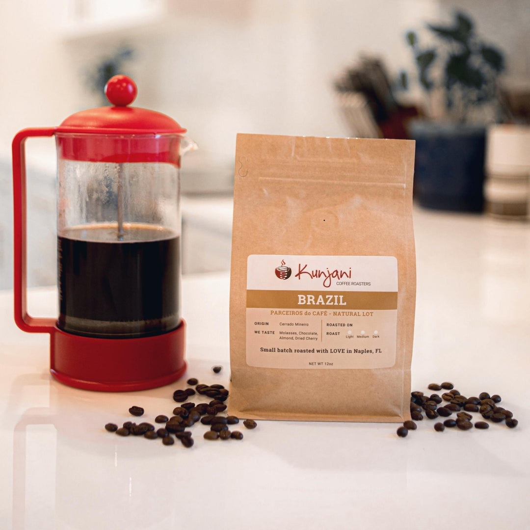 Bag of Brazil coffee and a french press