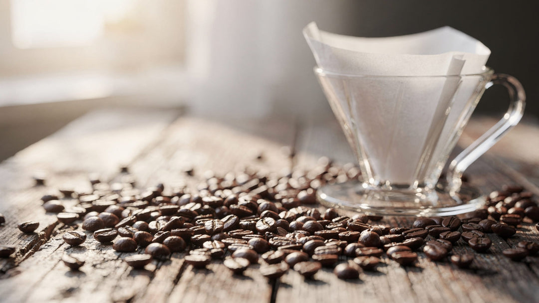 Specialty coffee beans scattered on a rustic wooden table