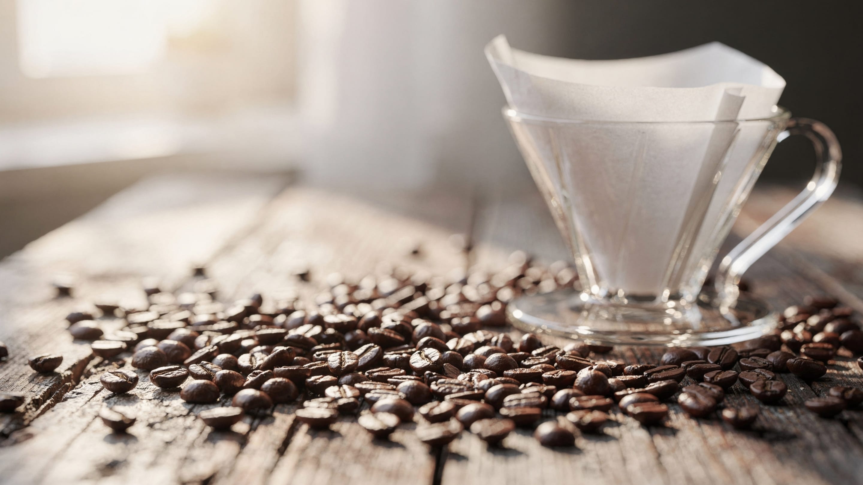 Specialty coffee beans scattered on a rustic wooden table