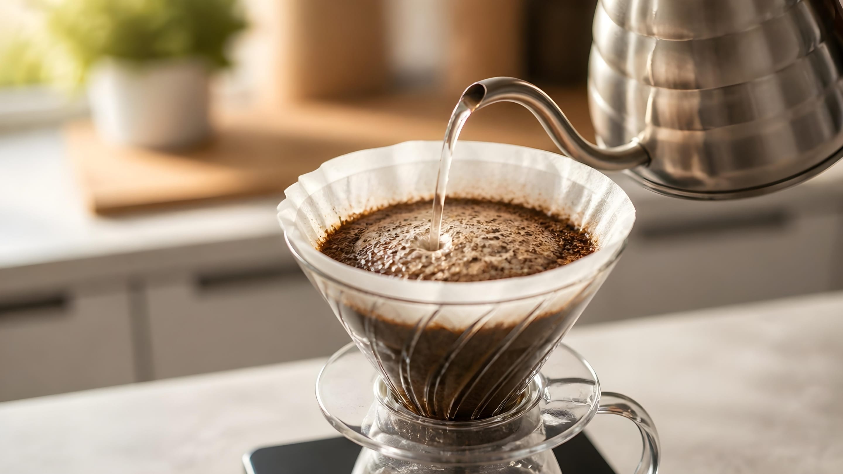 Pouring water on a v60 coffee dripper