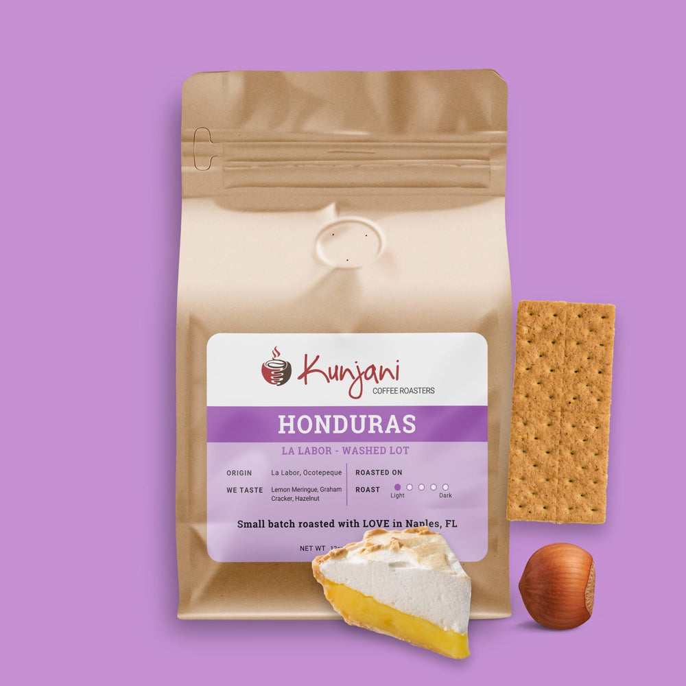 Honduras Specialty coffee from Kunjani with notes of lemon meringue, graham cracker, and hazelnut