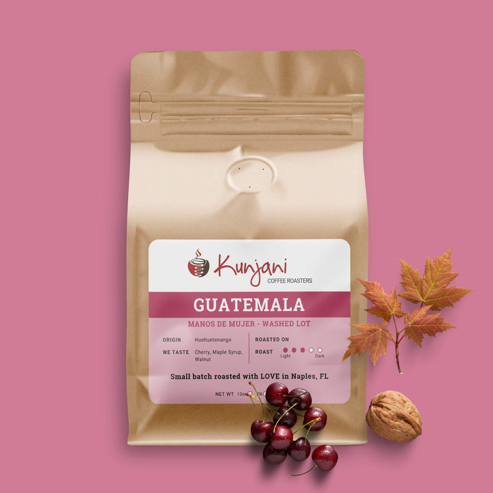 12oz bag of Guatemala Manos de Mujer specialty coffee with notes of cherry, maple syrup, and walnut