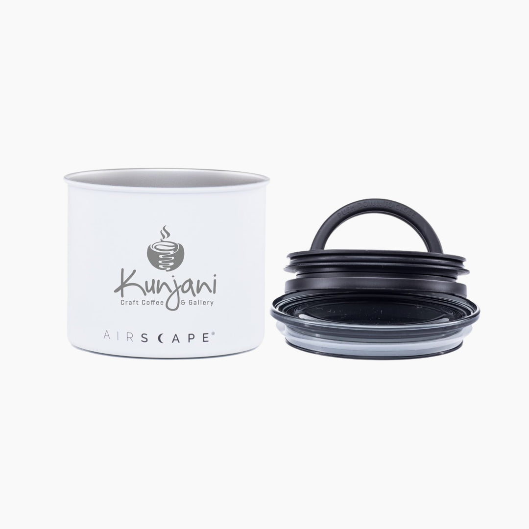 Small white Kunjani Airscape coffee canister