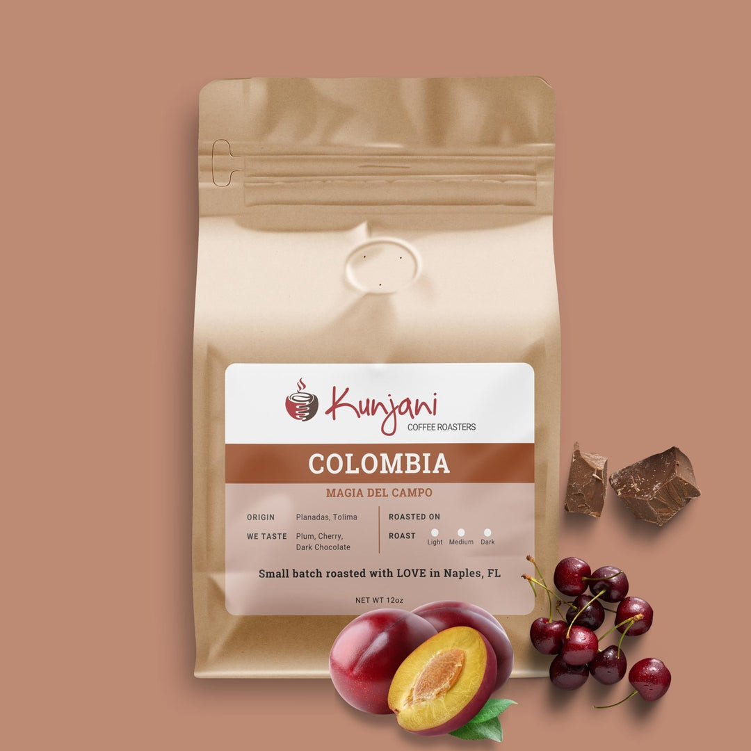 Colombia coffee with notes of plum, cherry, and dark chocolate