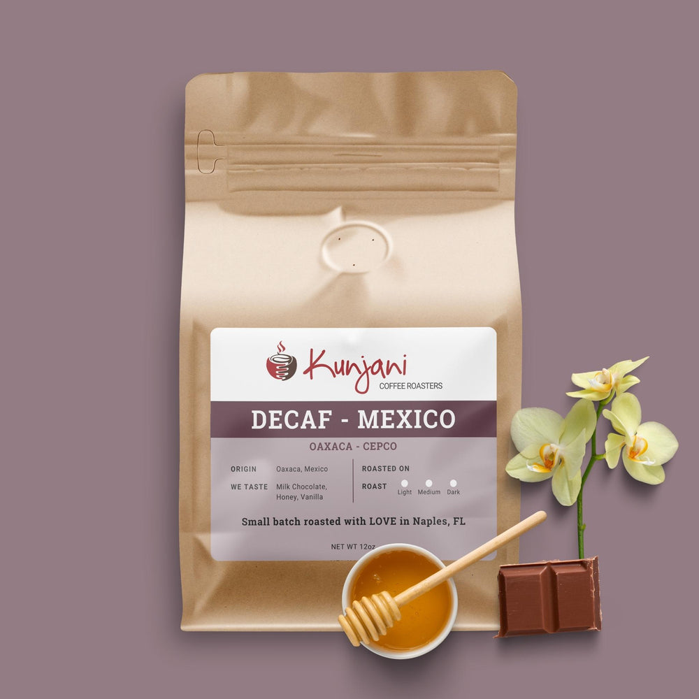 Decaf coffee with notes of honey, milk chocolate, and vanilla