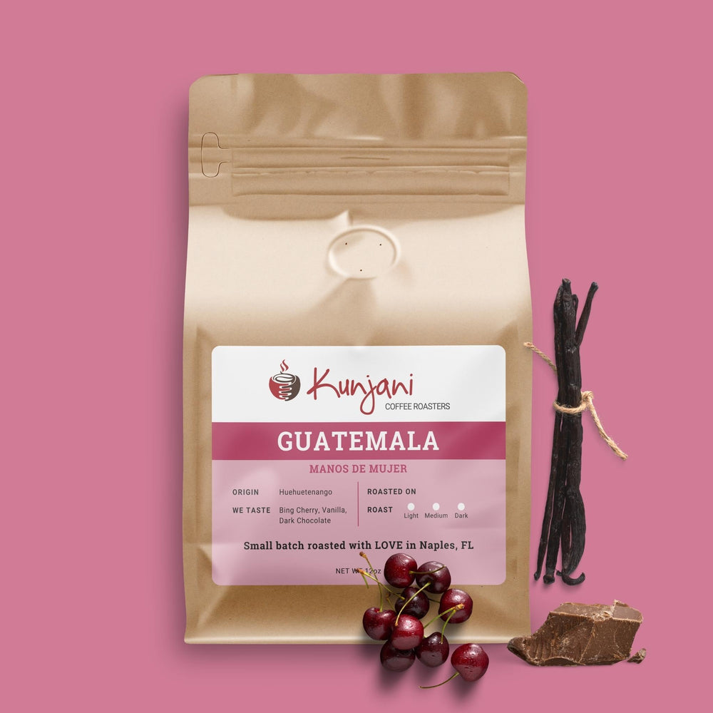 Guatemala coffee with notes of cherry, vanilla, and dark chocolate.